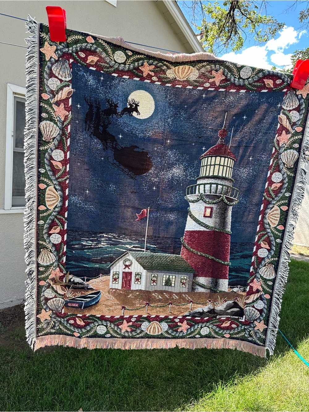 Crown Crafts Christmas Lighthouse  50"X58" Holiday Throw Blanket Tapestry Santa